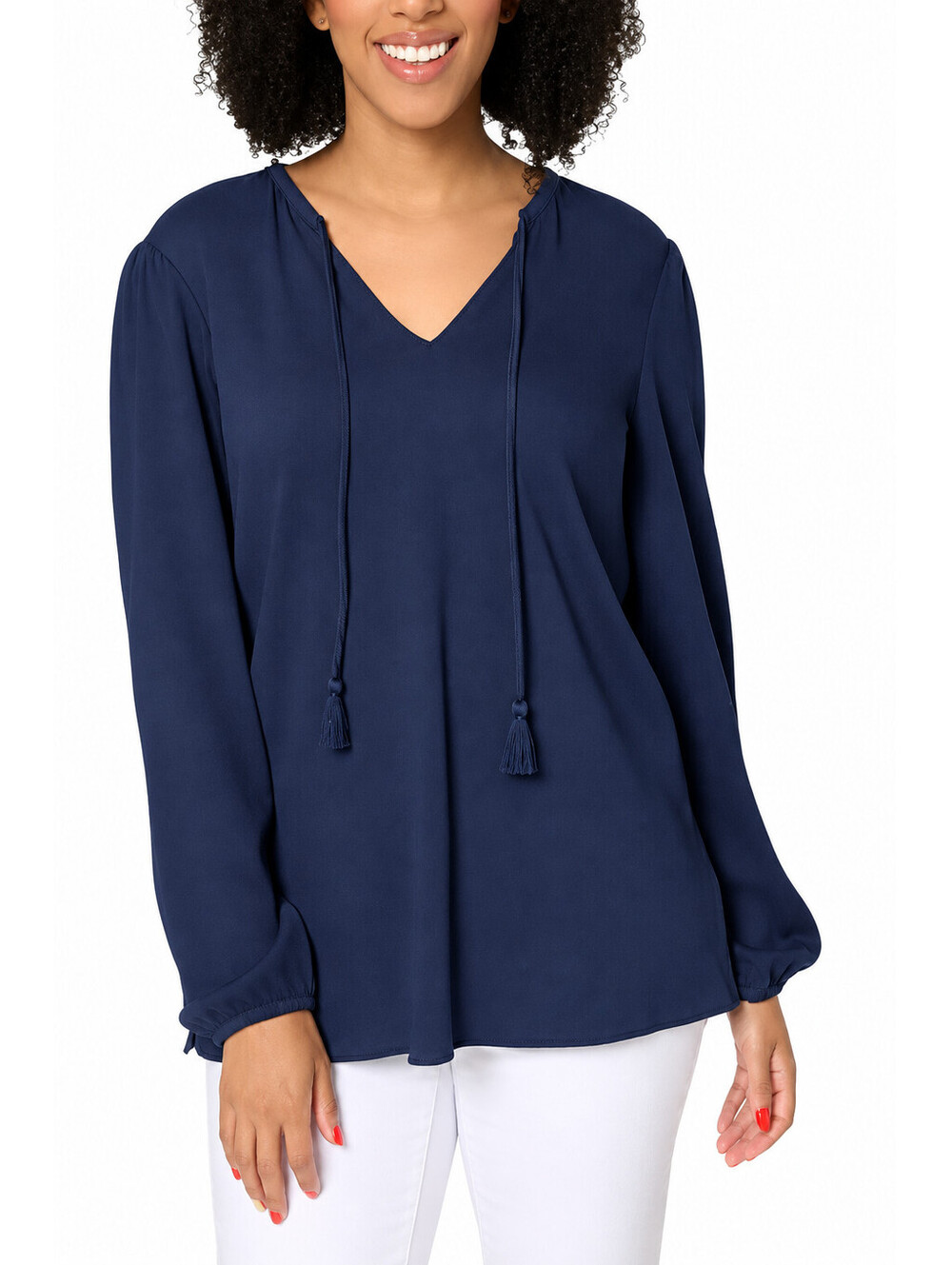 Belle by Kim Gravel Packabelle Tassel Peasant Top Split Neck Twilight, X-Small